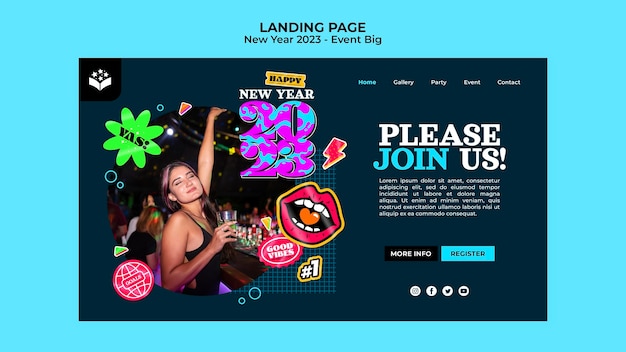 Free PSD new year 2023 landing page template with stickers