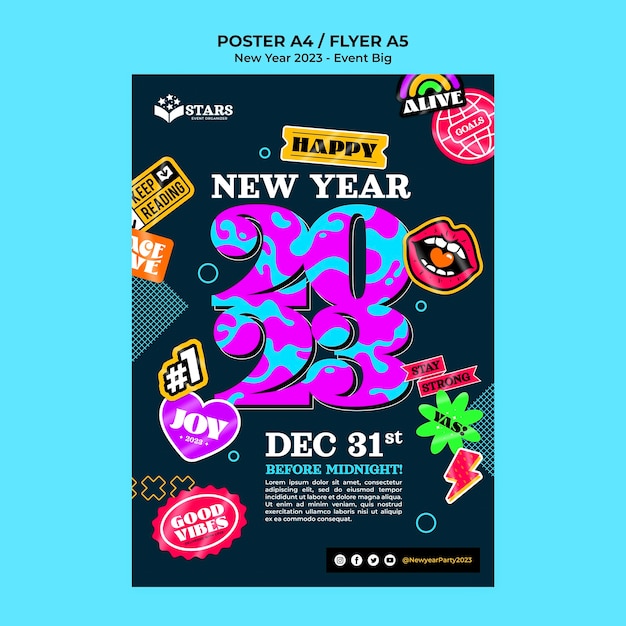 Free PSD new year 2023 vertical poster template with stickers