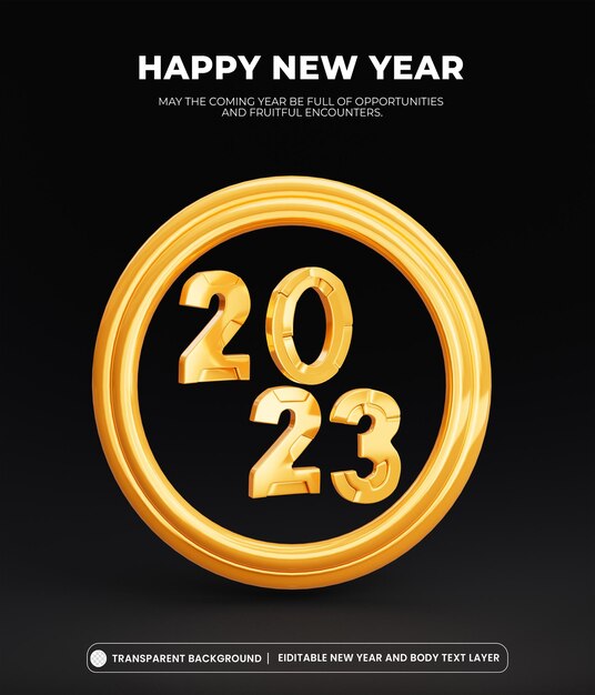 Free PSD new years 2023 3d illustration of happy new year gold and black collors