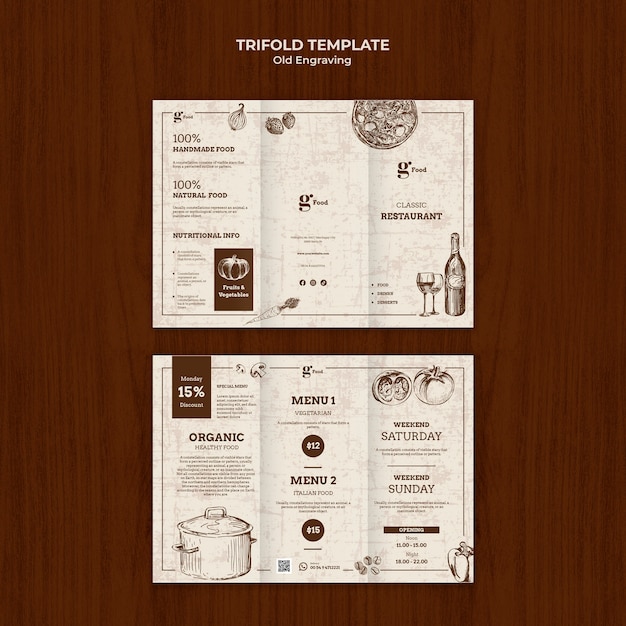 Free PSD old engraving menu trifold brochure template design