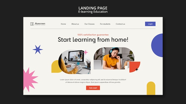 Online classes landing page template with abstract shapes