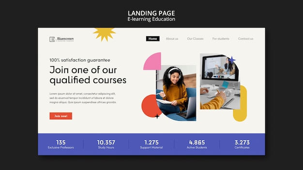 Online classes landing page template with abstract shapes