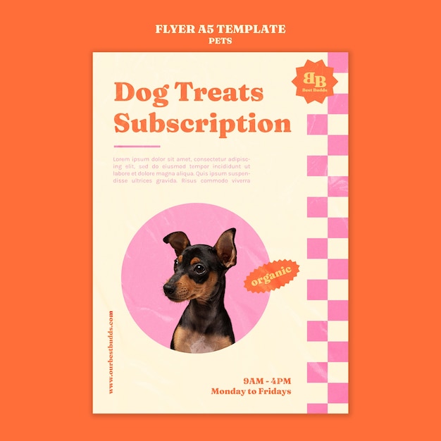 Free PSD organic pet treats vertical flyer template with cute dog