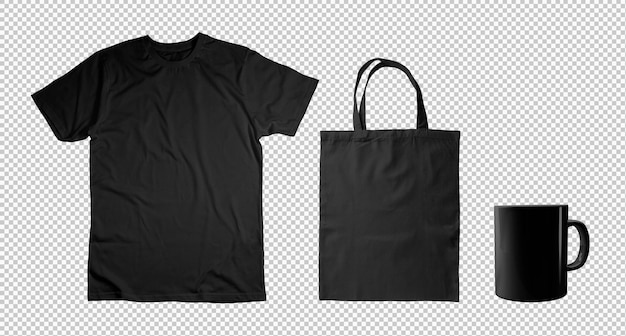 Free PSD pack of black tshirt tote bag and mug on transparent background