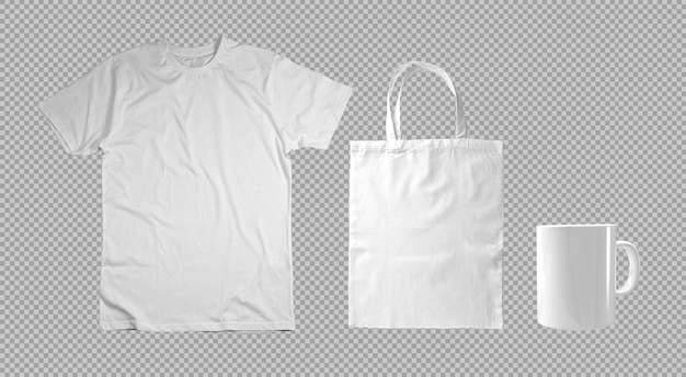 Pack of white tshirt tote bag and mug on transparent background