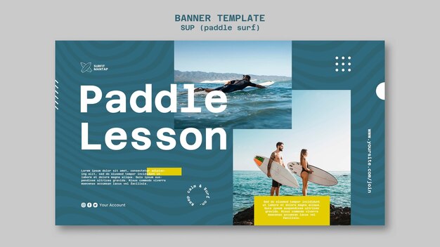 Paddleboard surfing lessons horizontal banner template