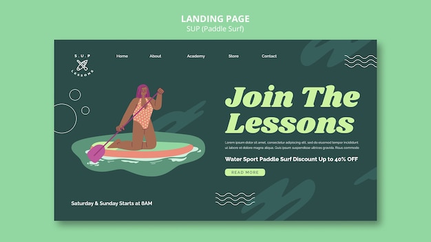 Free PSD paddleboarding classes landing page template