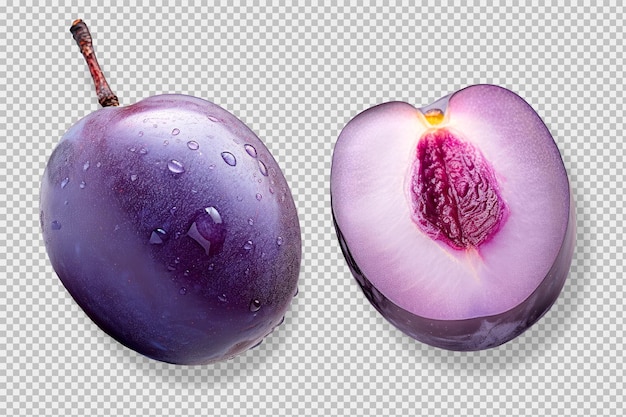 Free PSD photo of a whole and a halved plum isolated on a transparent background