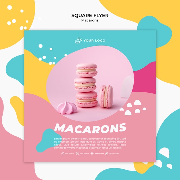 Free PSD pile of pink macarons square flyer template