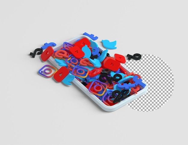 Free PSD pile of popular 3d social media icons coming out of phone