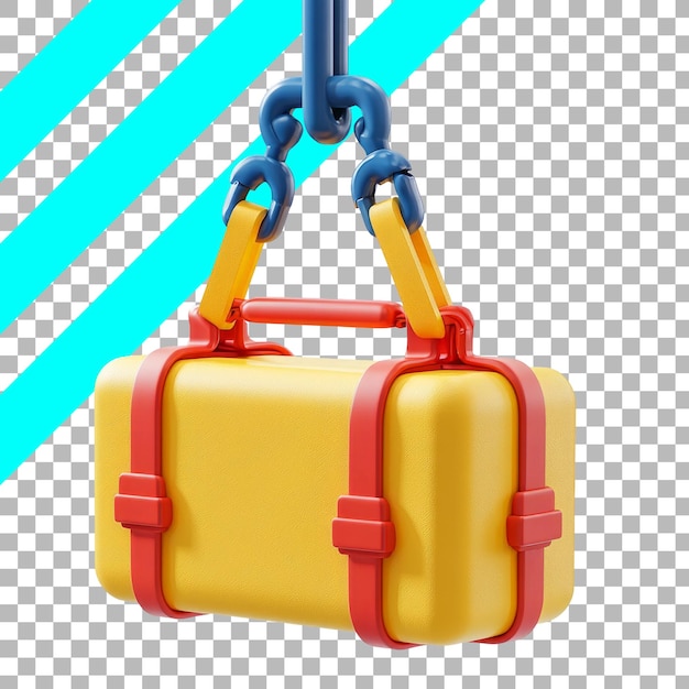 Free PSD plastic toy suitcase hanging on colorful chain with blue stripes in background