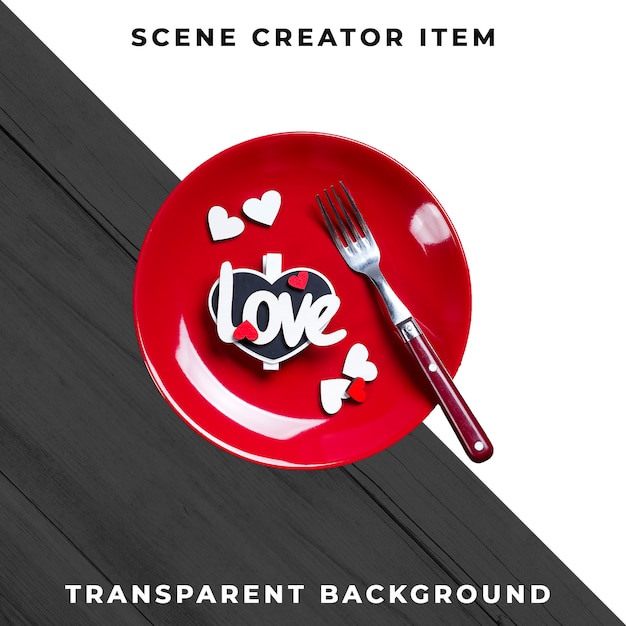 Free PSD plate and cutlery tableware with text love, isolated with clipping path.