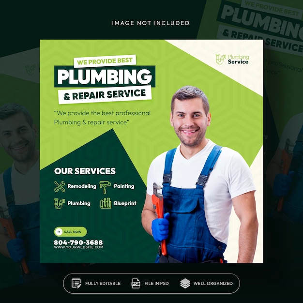 Free PSD plumbing service flyer social media post web banner template design