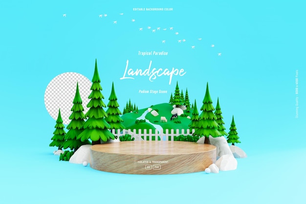 Free PSD podium stage on green valley landscape background template with cute pine trees 3d illustration