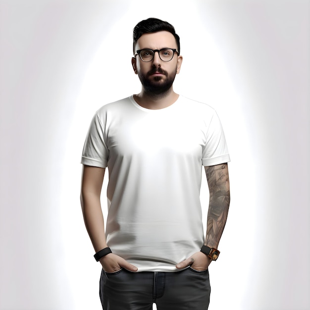 Free PSD portrait of a bearded hipster man in glasses and a white t shirt