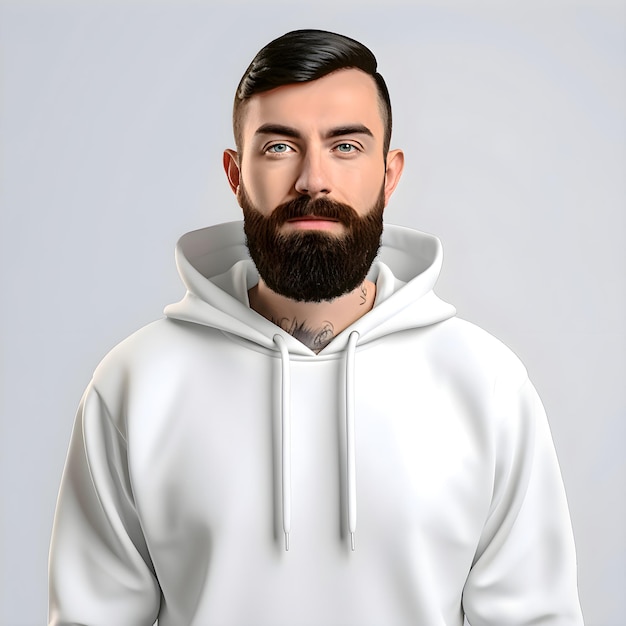 Portrait of a bearded man in a white sweatshirt 3d rendering