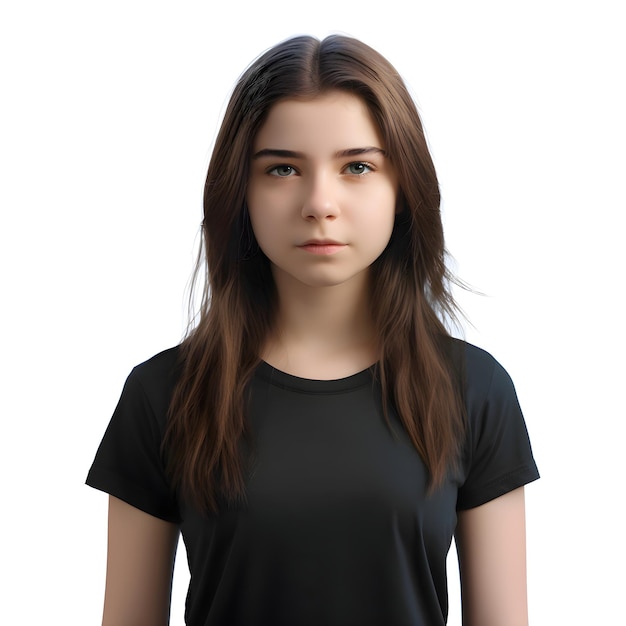 Free PSD portrait of a beautiful young girl in a black t shirt on a white background