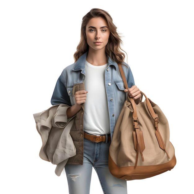 Free PSD portrait of a beautiful young woman with a backpack on a white background