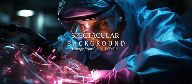 Free PSD portrait of a female scientist in protective suit and goggles working in a laboratory