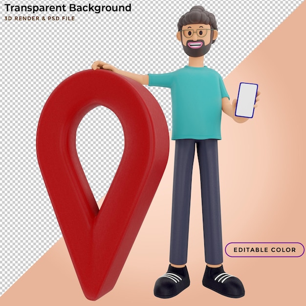 Portrait of a handsome cartoon character with phone and pin. GPS concept. 3d illustration