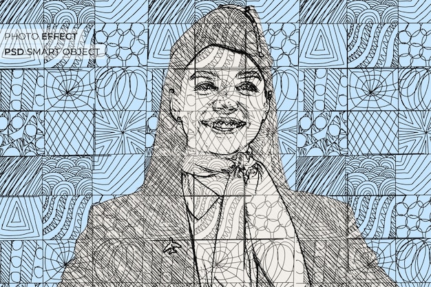 Free PSD portrait of person with doodle mosaic effect