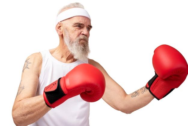 Free PSD portrait of senior man with boxing gloves