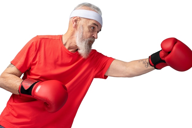 Free PSD portrait of senior man with boxing gloves