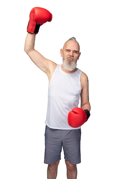 Free PSD portrait of senior man with boxing gloves