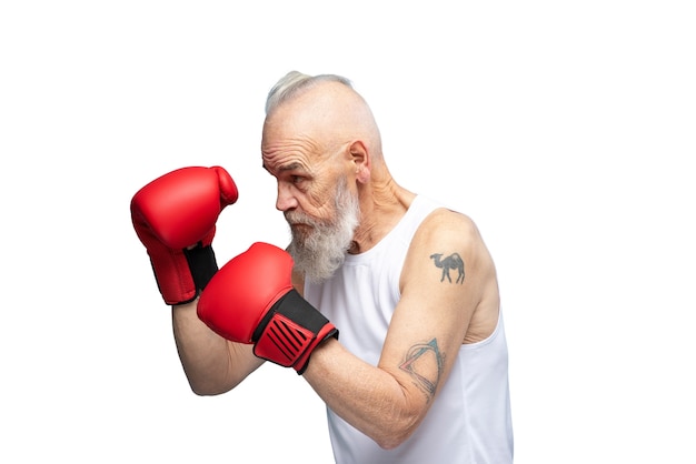 Free PSD portrait of senior man with boxing gloves