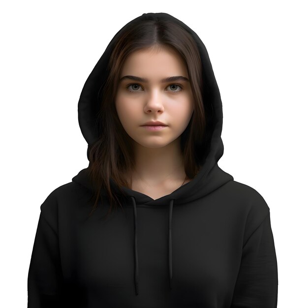 Free PSD portrait of a teenage girl in a black hoodie isolated on white background