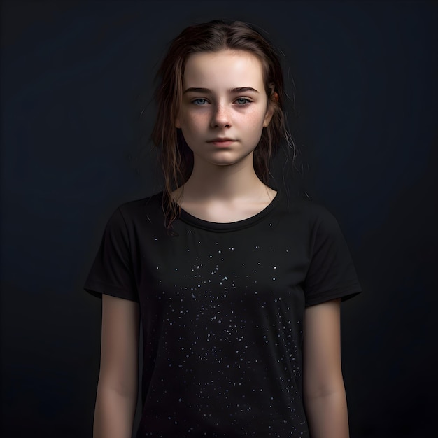 Free PSD portrait of a teenage girl in a black t shirt on a dark background