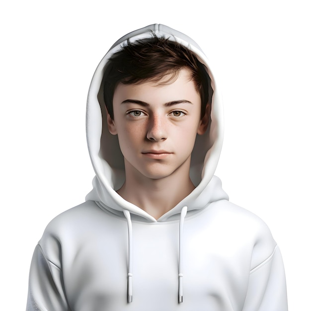 Free PSD portrait of a teenager boy in a white hoodie on a white background