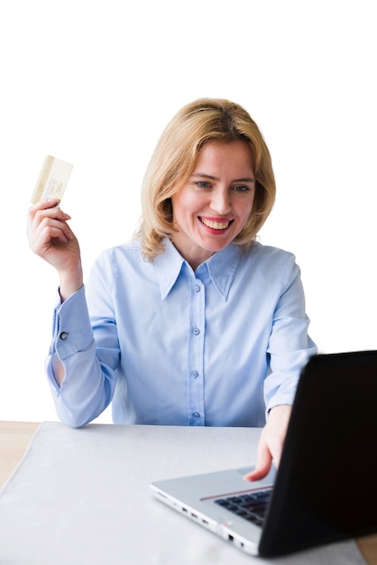 Free PSD portrait of woman using laptop computer