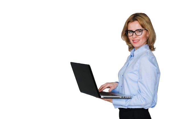 Free PSD portrait of woman using laptop computer