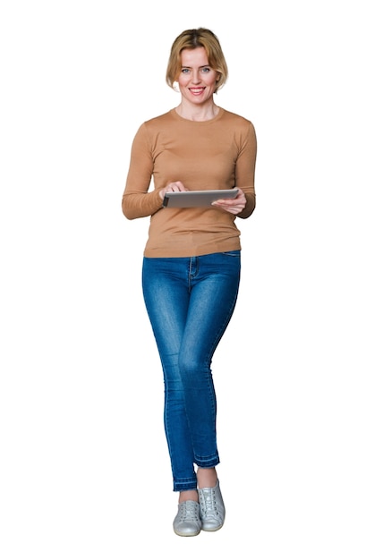 Free PSD portrait of woman using tablet device