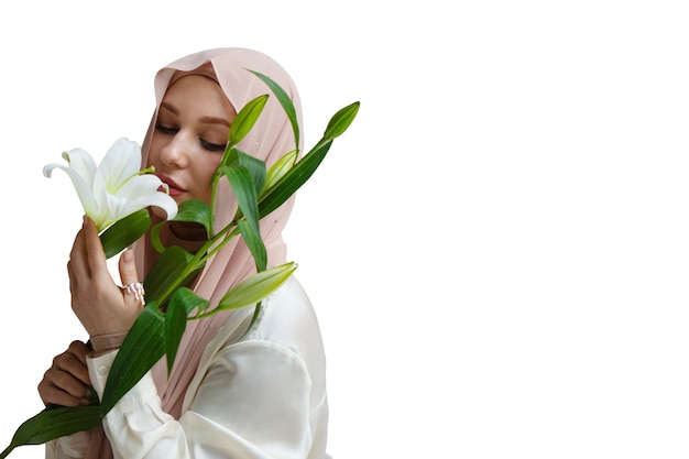 Free PSD portrait of woman wearing hijab with flower