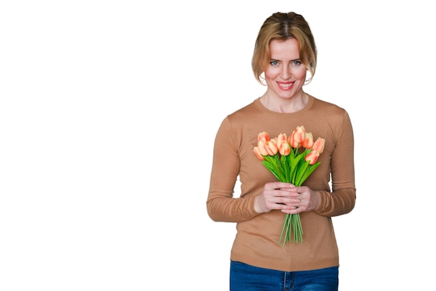 Free PSD portrait of woman with tulip flowers