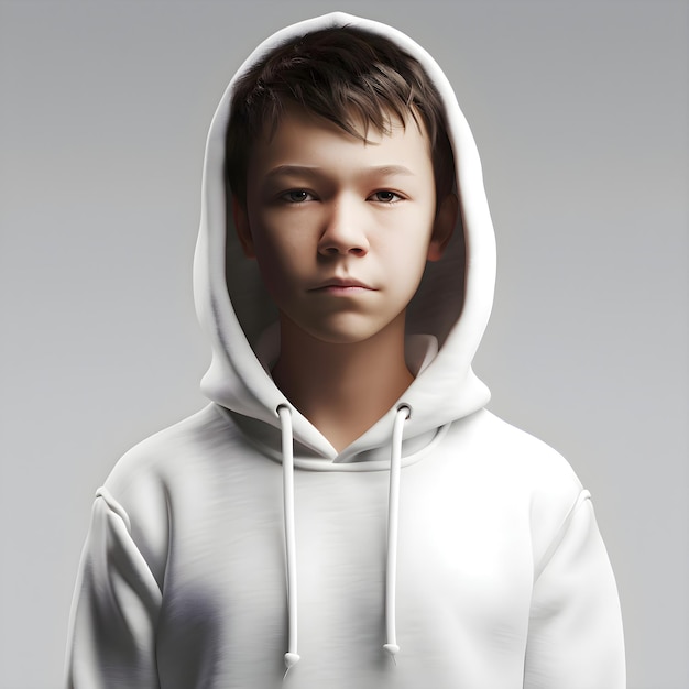 Free PSD portrait of a young boy in a white hoodie on a gray background