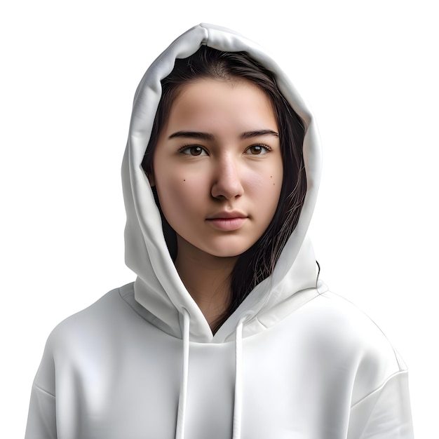 Portrait of a young girl in a white hoodie on a white background