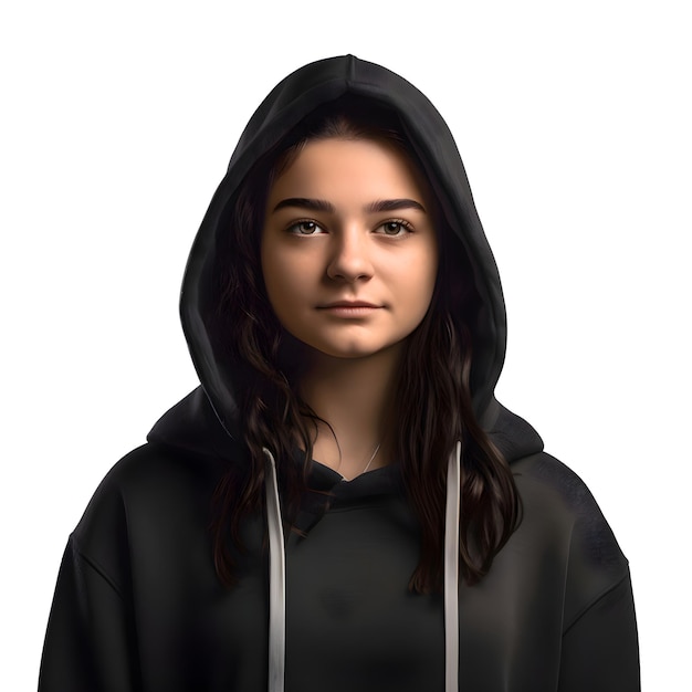 Free PSD portrait of a young woman in a black hoodie isolated on white background