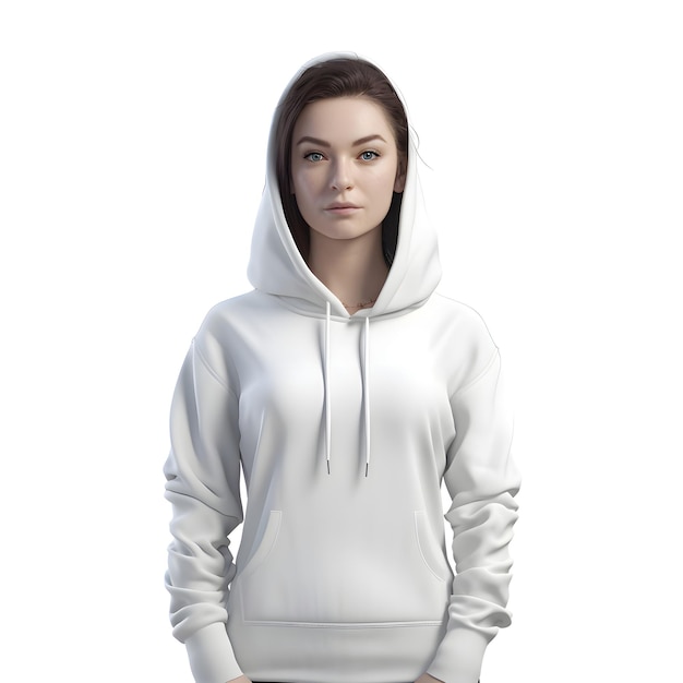 Free PSD portrait of a young woman in a white hoodie on a white background