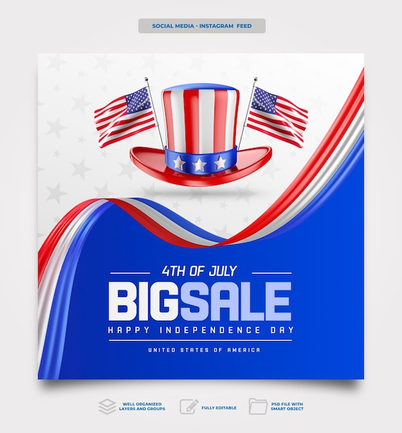 Free PSD post social media american independence day in 3d render celebration template design