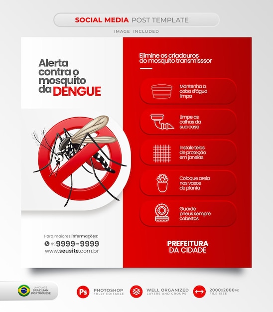 Free PSD post social media campaign to combat and prevent dengue aedes aegypti in brazilian portuguese