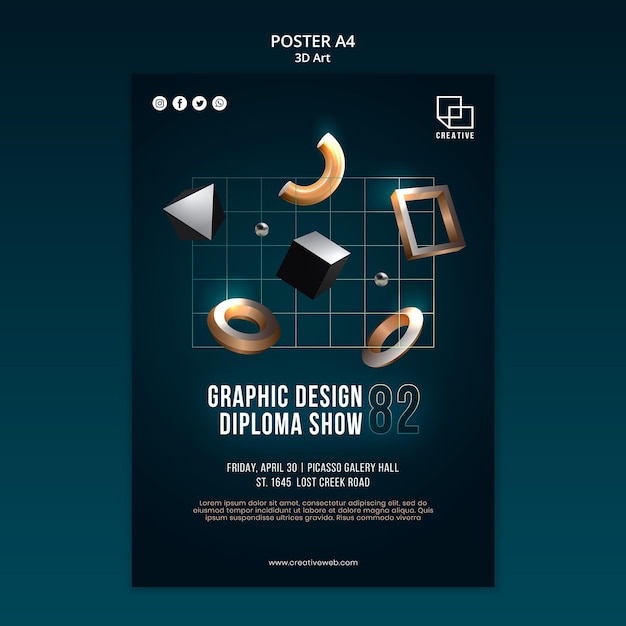 Free PSD poster template for art exhibition with creative three-dimensional shapes