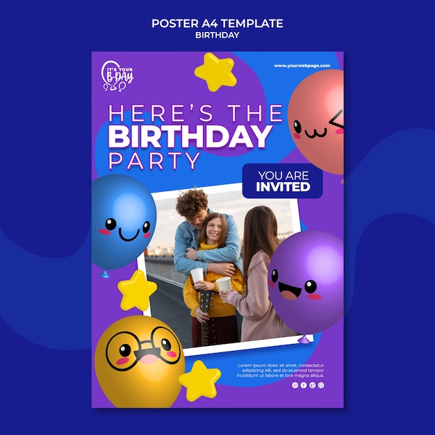 Poster template for birthday party with funny balloons