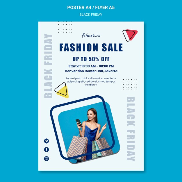 Poster template for black friday with woman and triangles