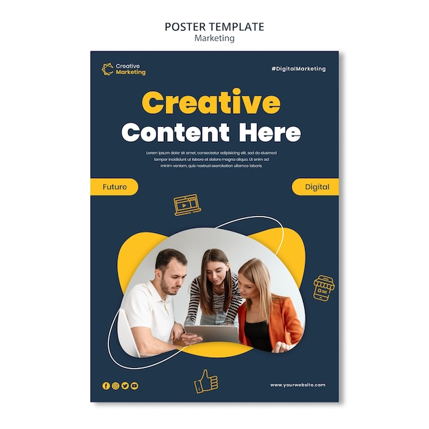 Poster template design with people working on laptop