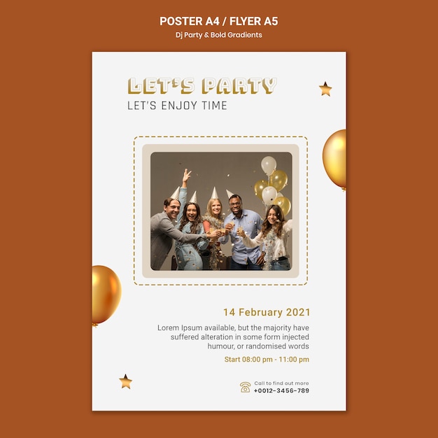 Poster template for dj party with people and balloons