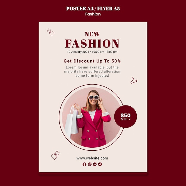 Poster template for fashion sale with woman and shopping bags