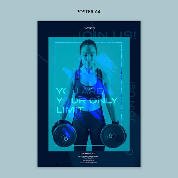 Free PSD poster template for fitness exercising with woman lifting weights